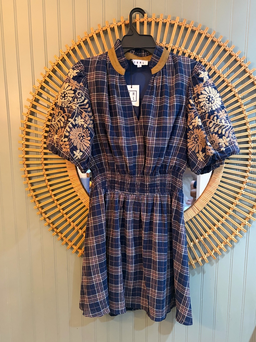 NWT THML Navy Embroidered Puff Sleeve Plaid Dress - Size Small - hey Fall !!